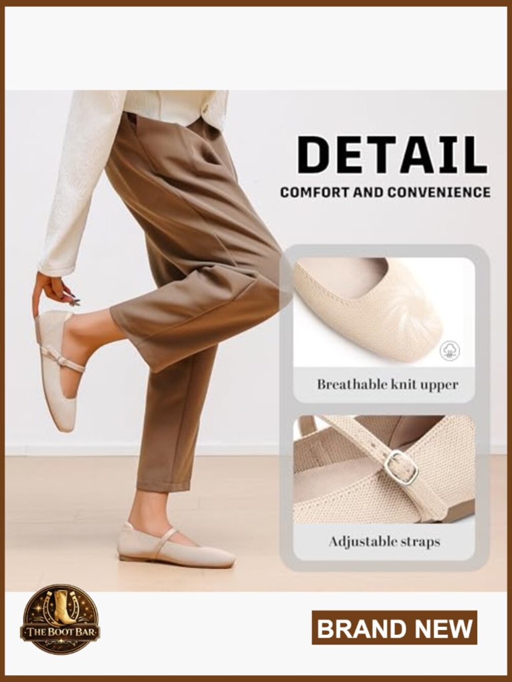 Square Toe Knit Ballet Flats Adjustable Ankle Strap Slip On Shoes - Picture 2 of 7